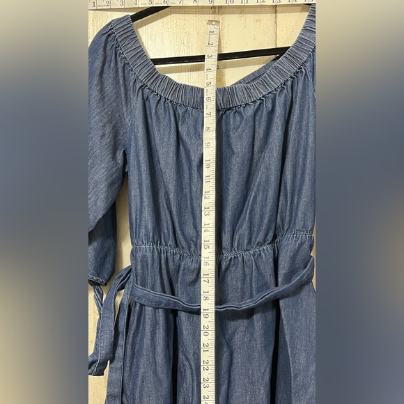Eloquii Blue off Shoulder Lightweight Denim Dress Tie Front and 3/4 Sleeves - Picture 9 of 12